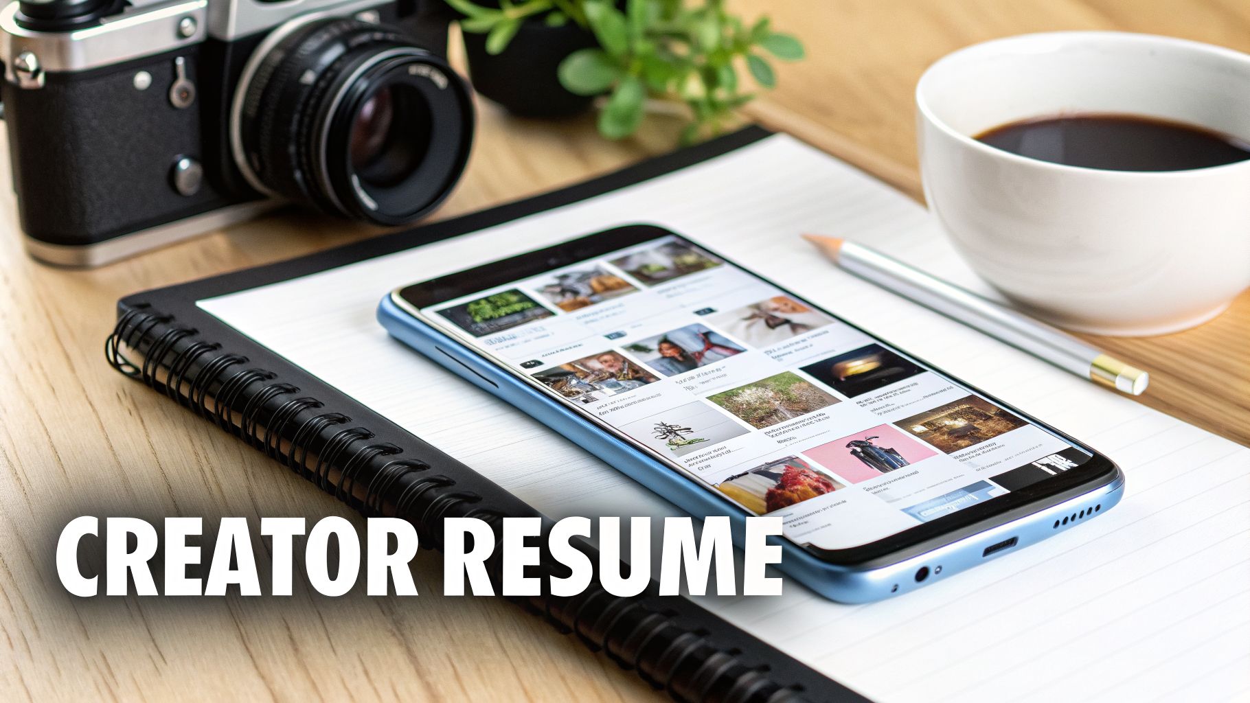 A flat lay of a creator's desk with a vintage camera, smartphone showing a portfolio, notebook, coffee, and 'CREATOR RESUME' text.