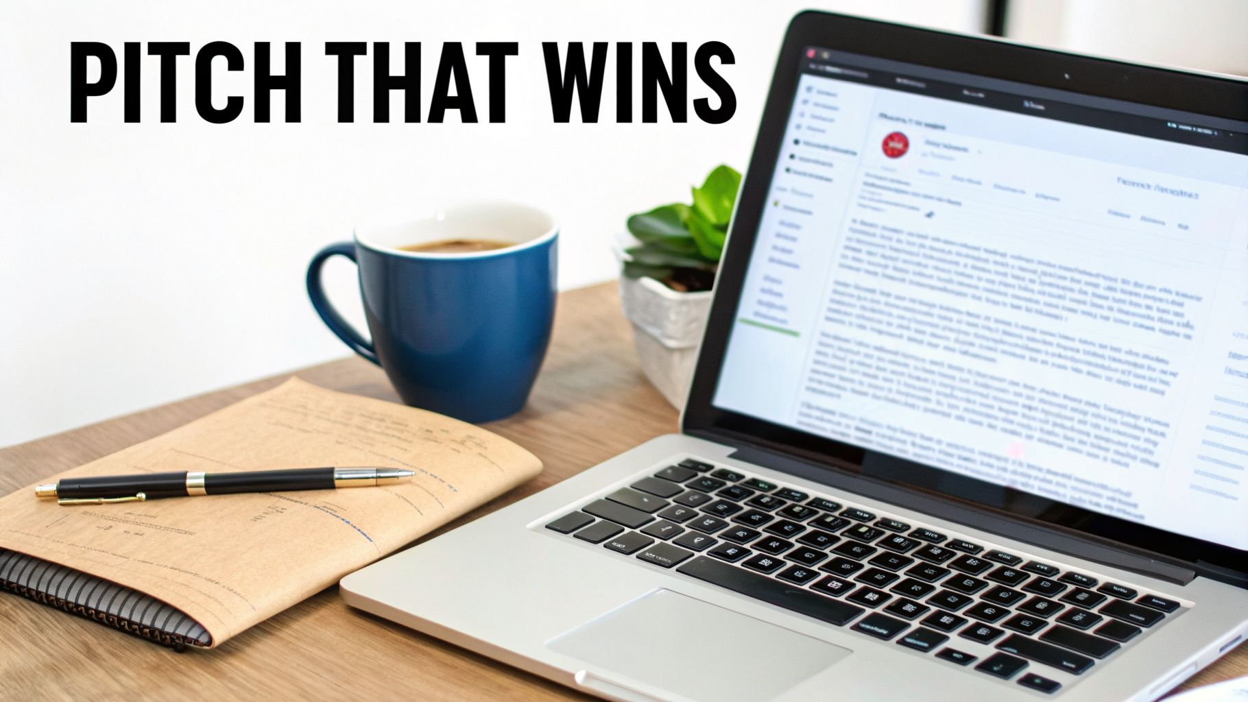 A workspace with a laptop, coffee mug, notebook, and pen, displaying 'PITCH THAT WINS' text.