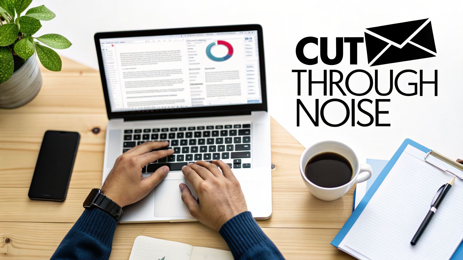 Overhead view of a person typing on a laptop at a desk with coffee and text 'CUT THROUGH NOISE'.