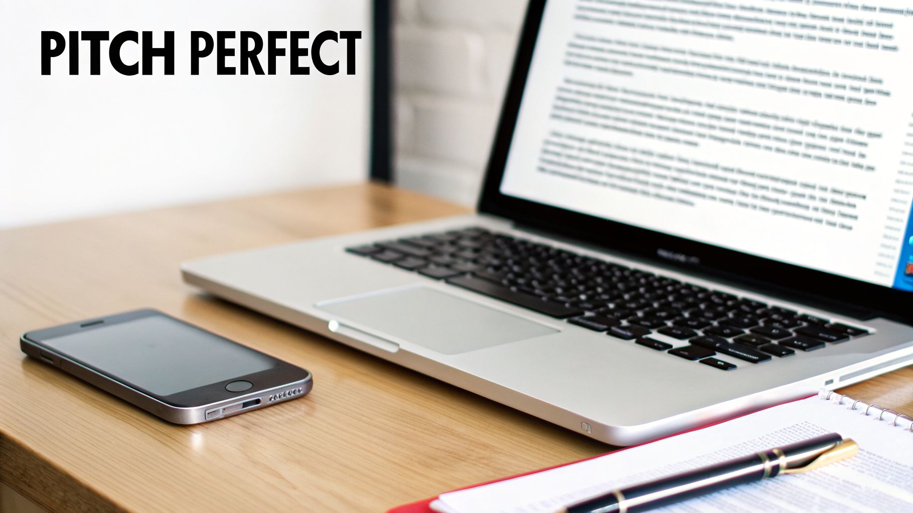 A modern workspace with a laptop, smartphone, notebook, and pen, featuring 'PITCH PERFECT' text.