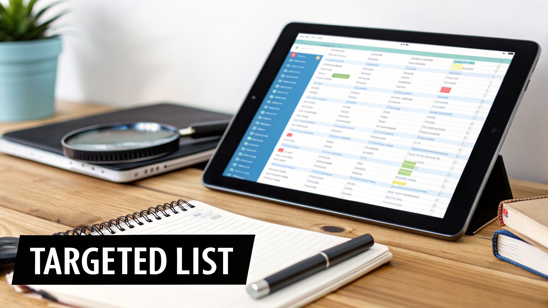 A tablet displaying a targeted list, with a magnifying glass, notebook, and pen on a wooden desk.