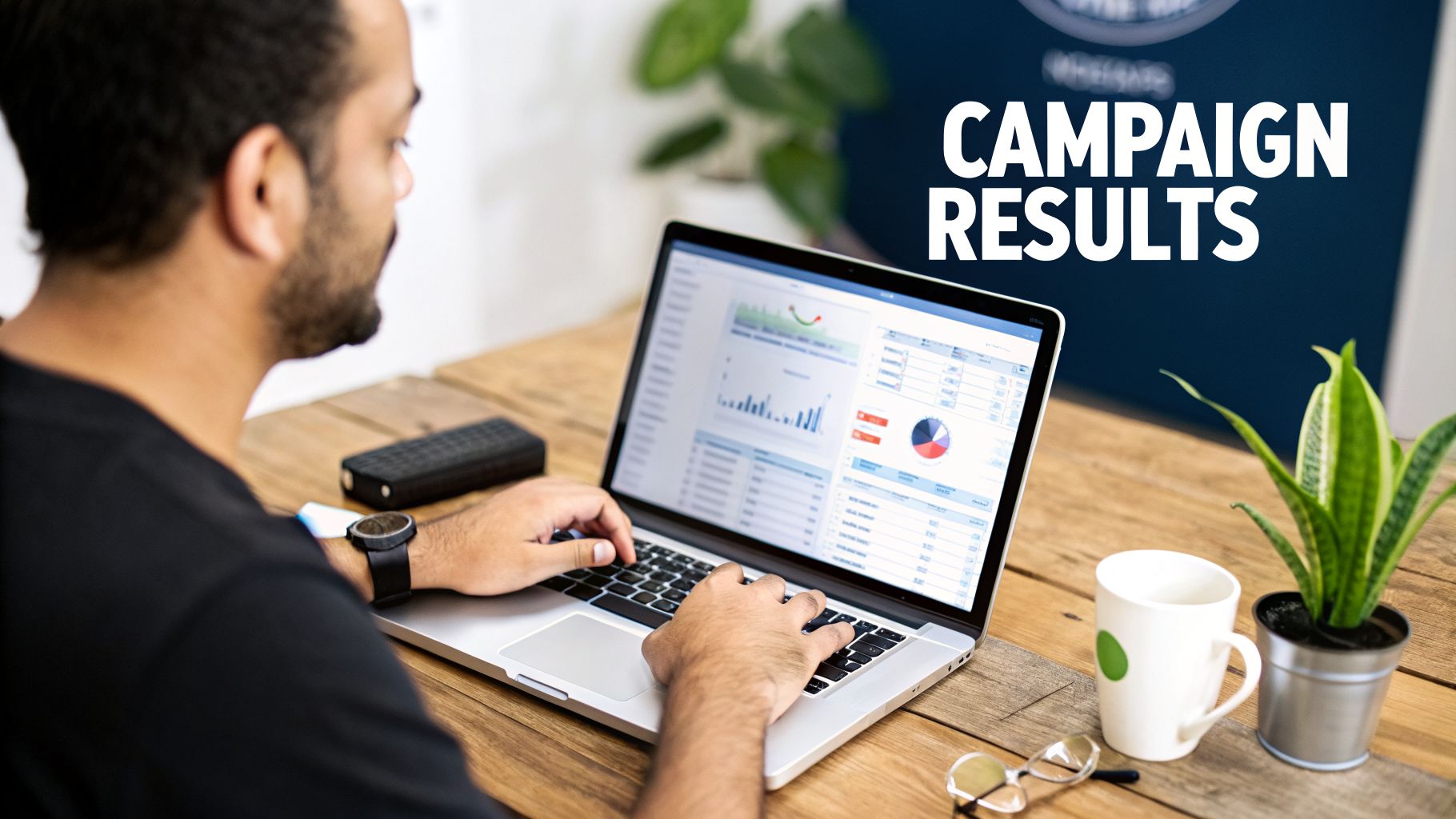 A man views campaign results on a laptop, with charts and data displayed on the screen.