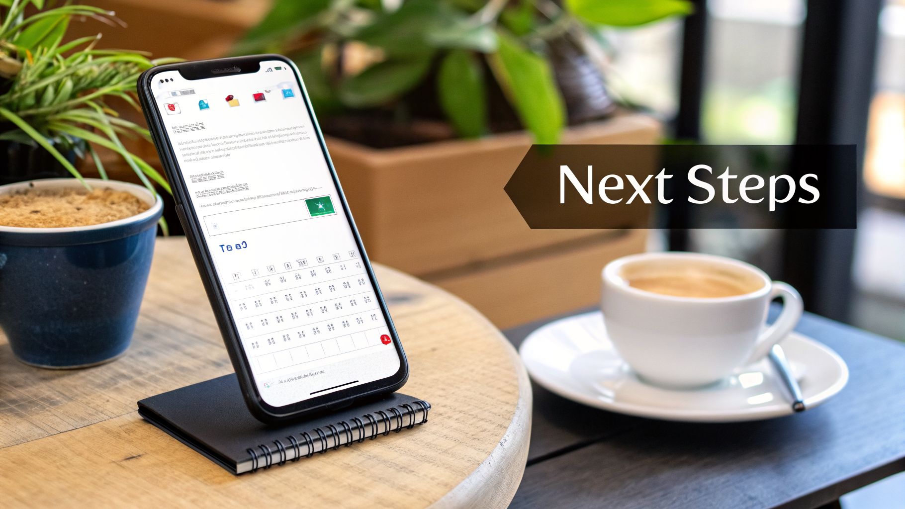 Smartphone with a digital note, notebook, and coffee on a table, featuring a 'Next Steps' banner.