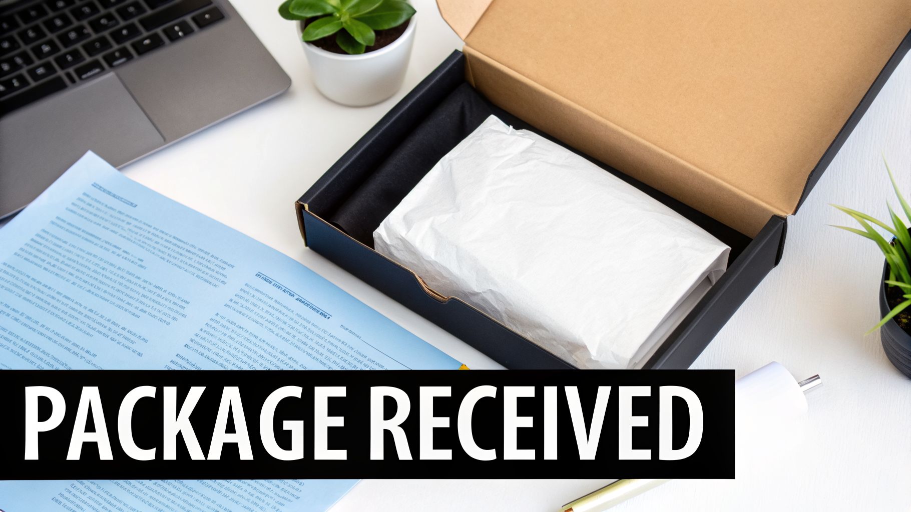 An open black package with white tissue paper on a white desk with a laptop and documents.
