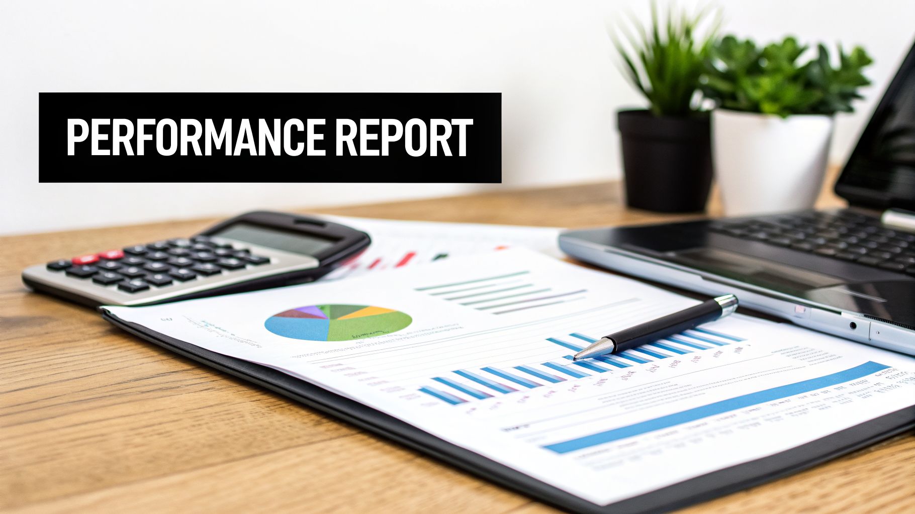 A performance report document with charts and graphs, a calculator, a pen, and a laptop on a wooden desk.