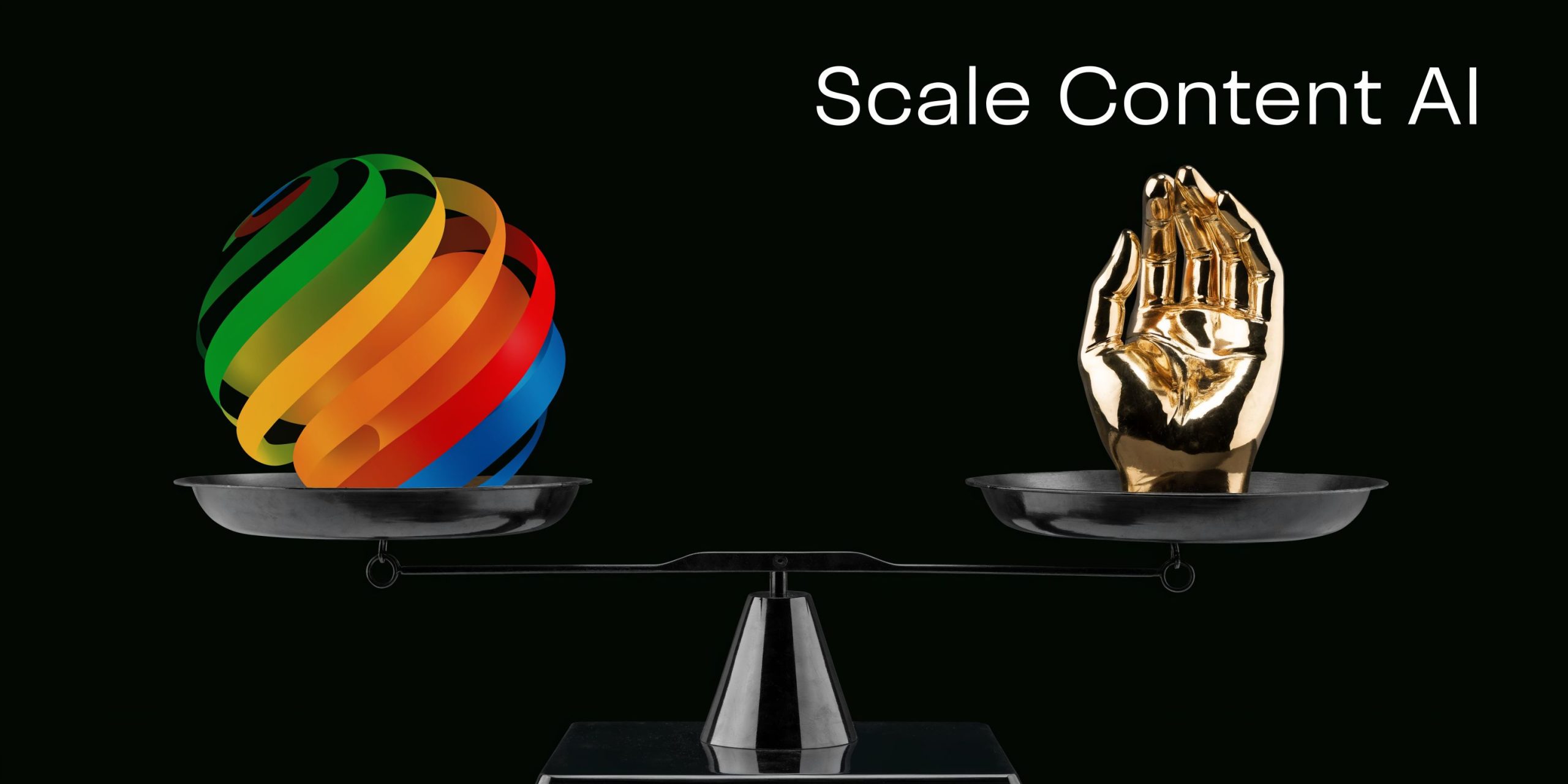 A conceptual scale featuring a multicolored abstract sphere on one side and a golden robotic hand on the other.