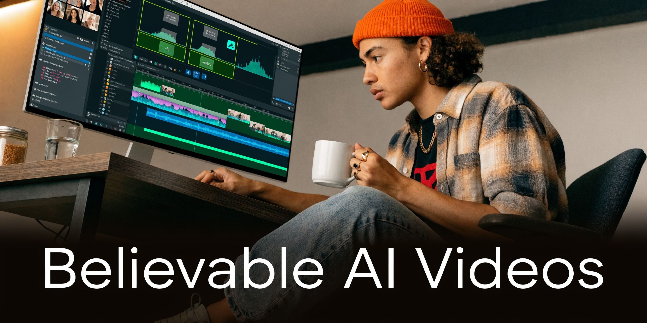 A young video editor wearing a beanie working on AI generated video content on a computer monitor.