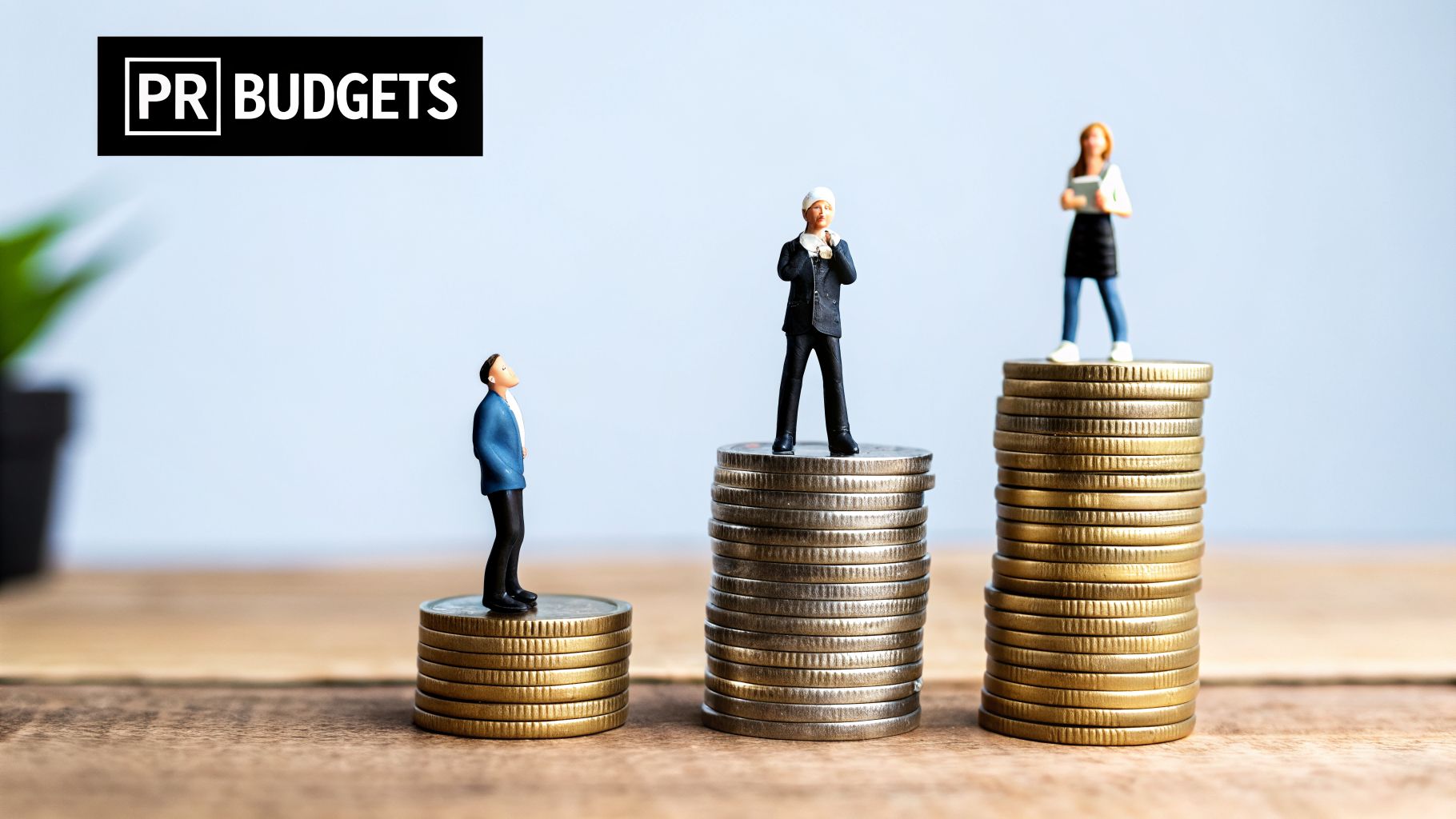Three miniature figures on stacks of coins representing varying PR budgets and investment levels.