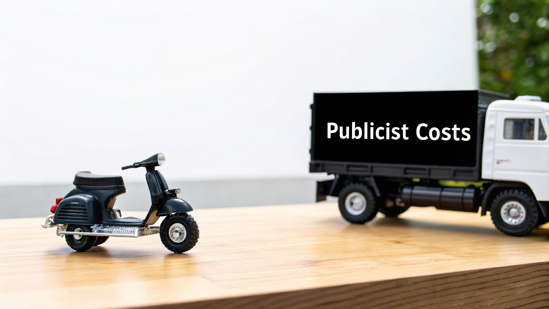 A black toy scooter on a wooden table, facing a white toy truck with 'Publicist Costs' on its side.