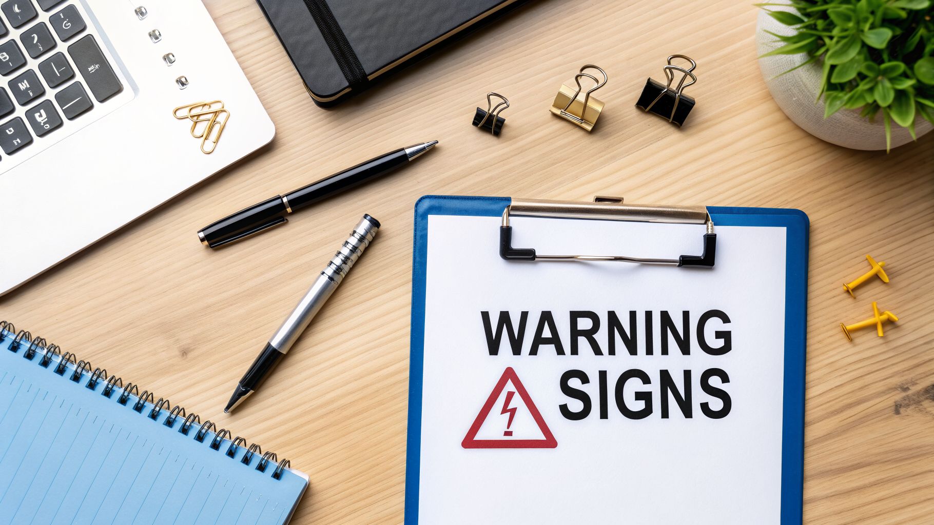 Flat lay of a professional workspace with a clipboard displaying 'WARNING SIGNS' and a danger symbol, surrounded by various office supplies.