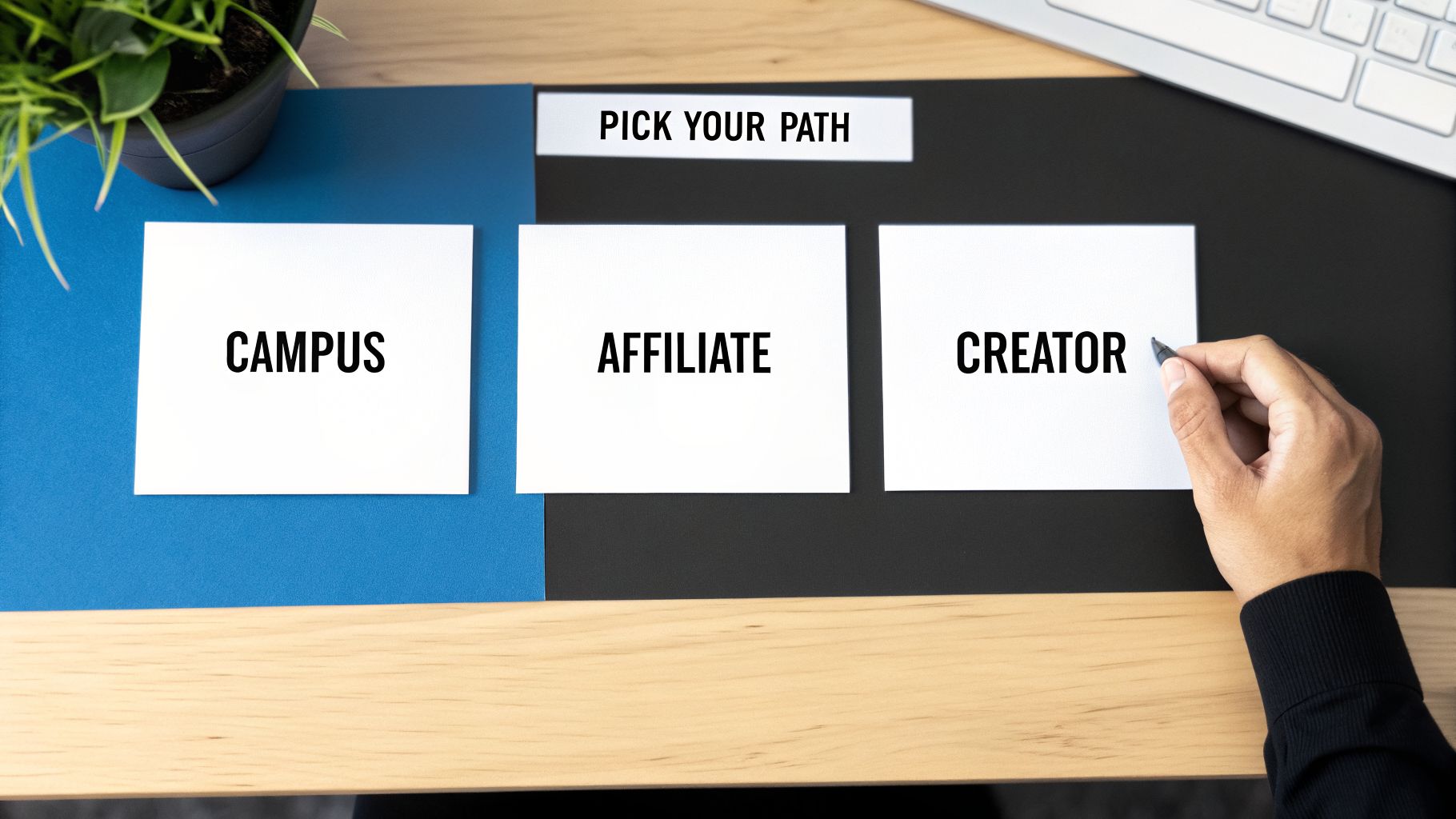 A hand points to the 'CREATOR' card, presenting career path options: Campus, Affiliate, and Creator.