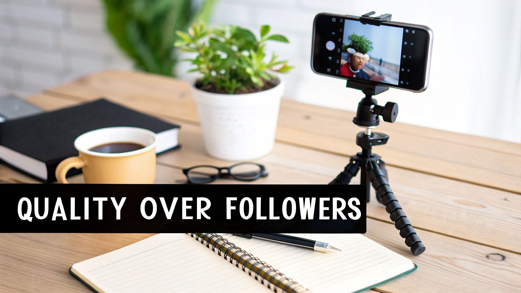 A creative content creator's desk with a smartphone on a tripod, promoting quality content.