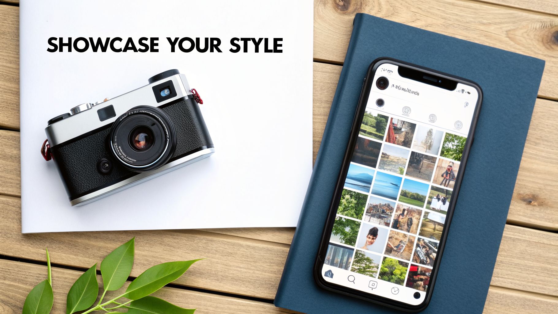 A flat lay shows a vintage camera, a smartphone with a photo gallery, and a notebook on a wooden table.