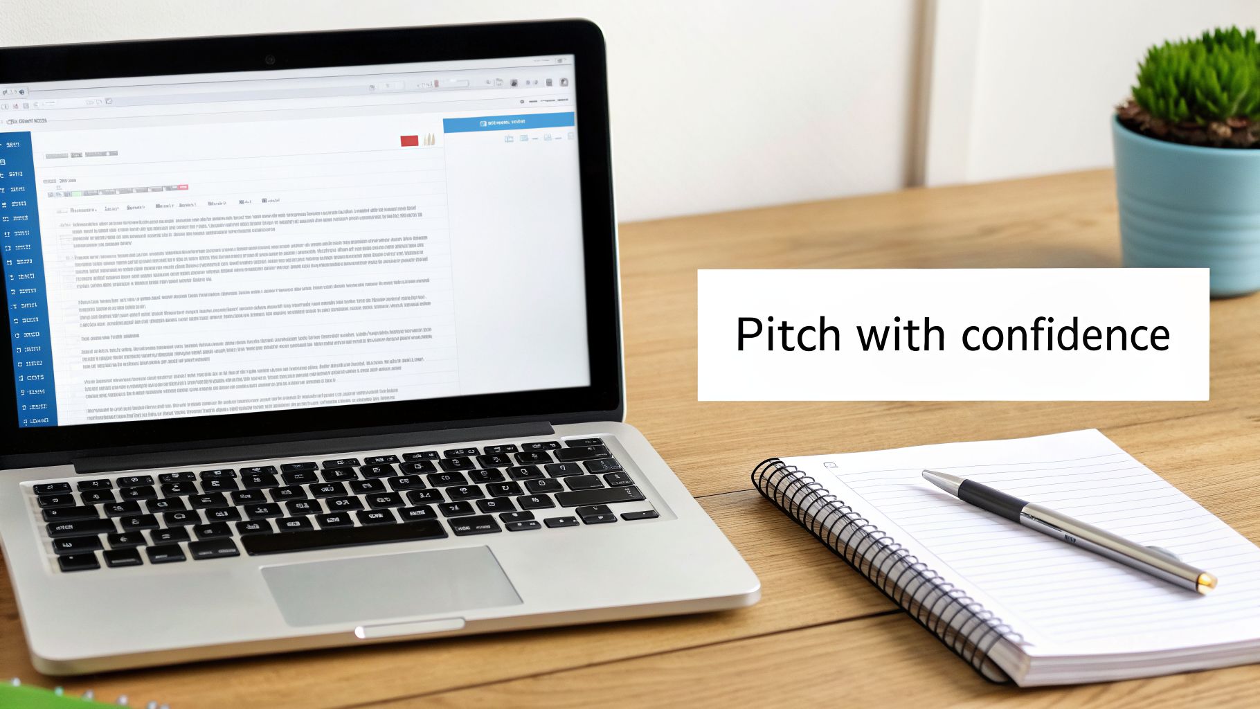 A laptop, open notebook, and pen on a wooden desk with a text overlay 'Pitch with confidence'.