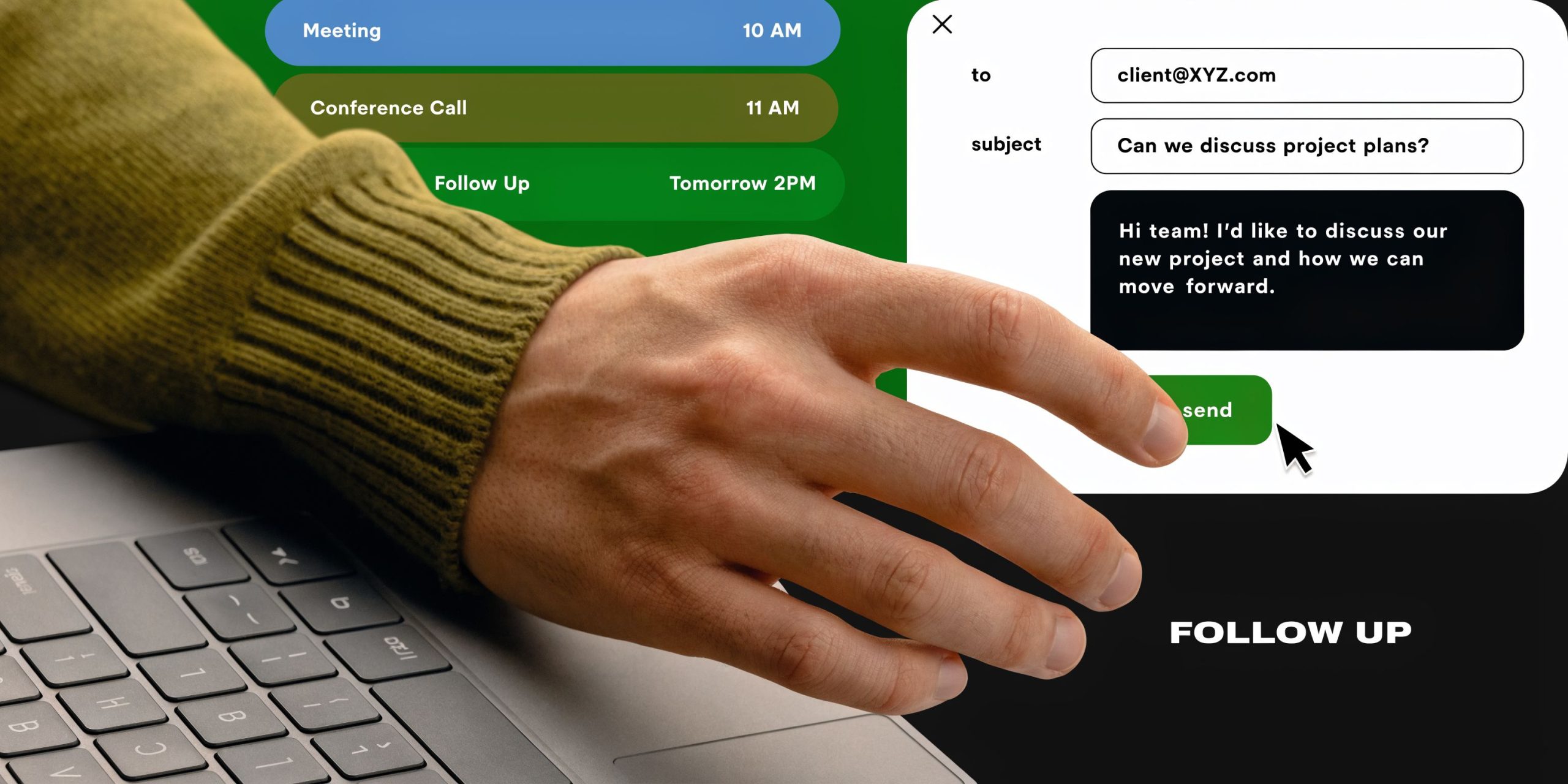 A close-up shot of a hand interacting with a digital email interface on a laptop keyboard.